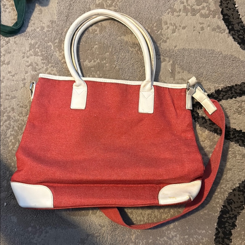 Red and White Classic Tote with Structured Handles